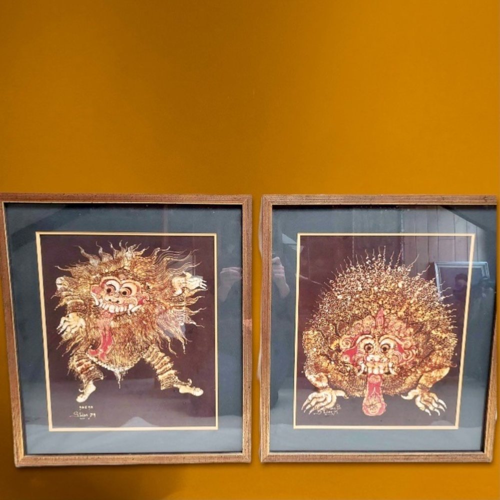 Pair of Indonesian Balinese Brong Art Framed under Glass